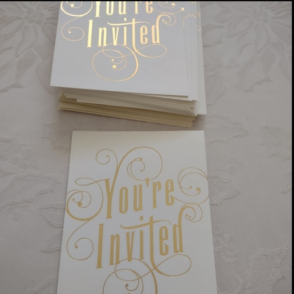 Gold Foil letters Swirls white invitation cards